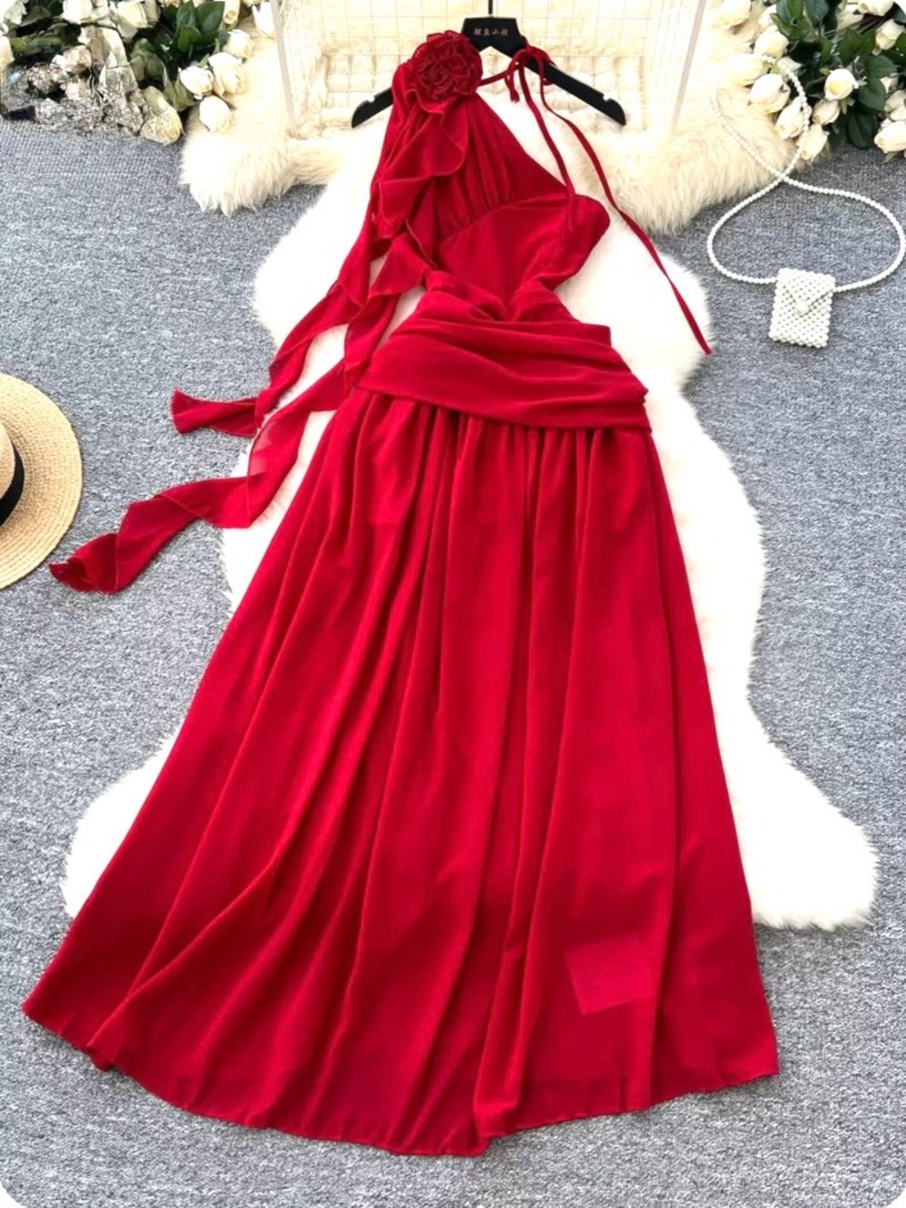 Red Halter Maxi Dress with Floral Shoulder Detail